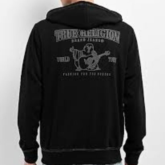 True Religion Vintage Heavy Black Graphic Front Zip Logo Hoodie Size L - Picture 1 of 11